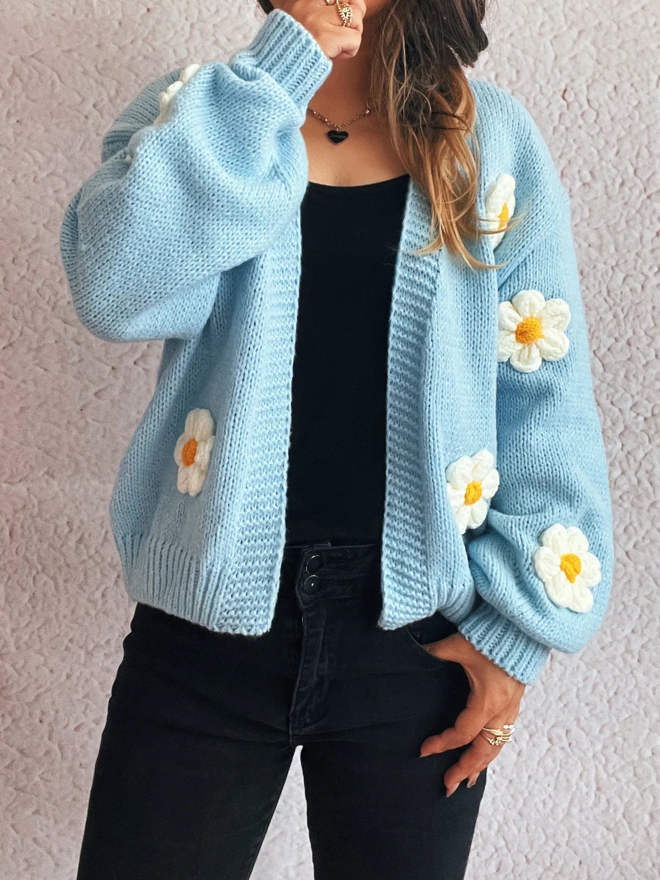 Flower Open Front Long Sleeve Cardigan - Fashorio