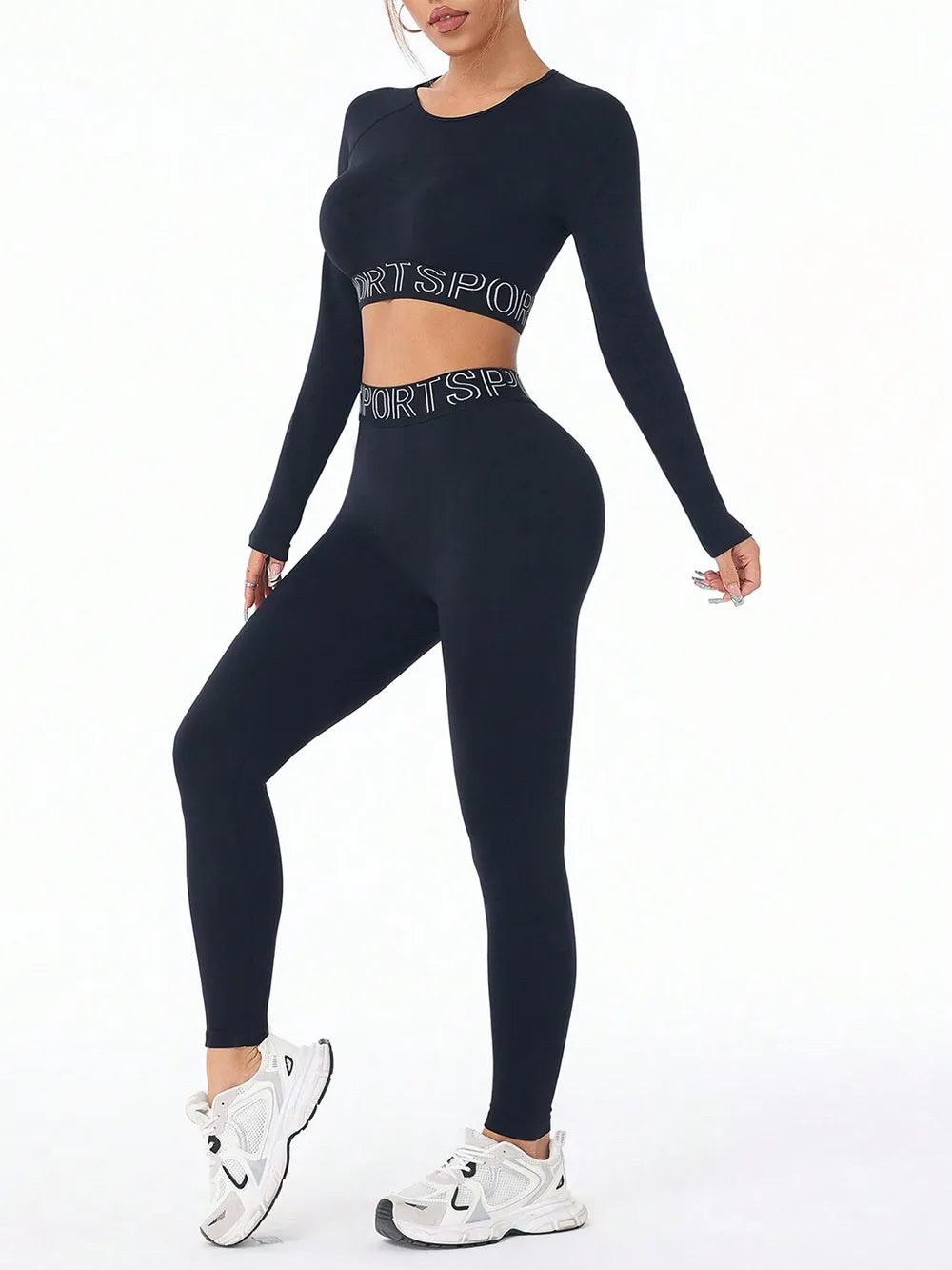 Letter Print Round Neck Long Sleeve Top and Leggings Active Set - Fashorio
