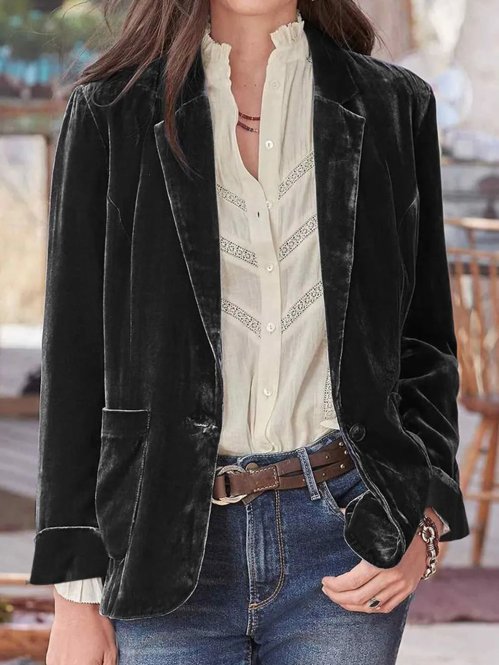 Pocketed Button Up Lapel Collar Blazer - Fashorio
