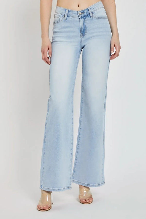 RISEN Full Size Wide Leg V Dipped Front Waist Jeans Light - Fashorio
