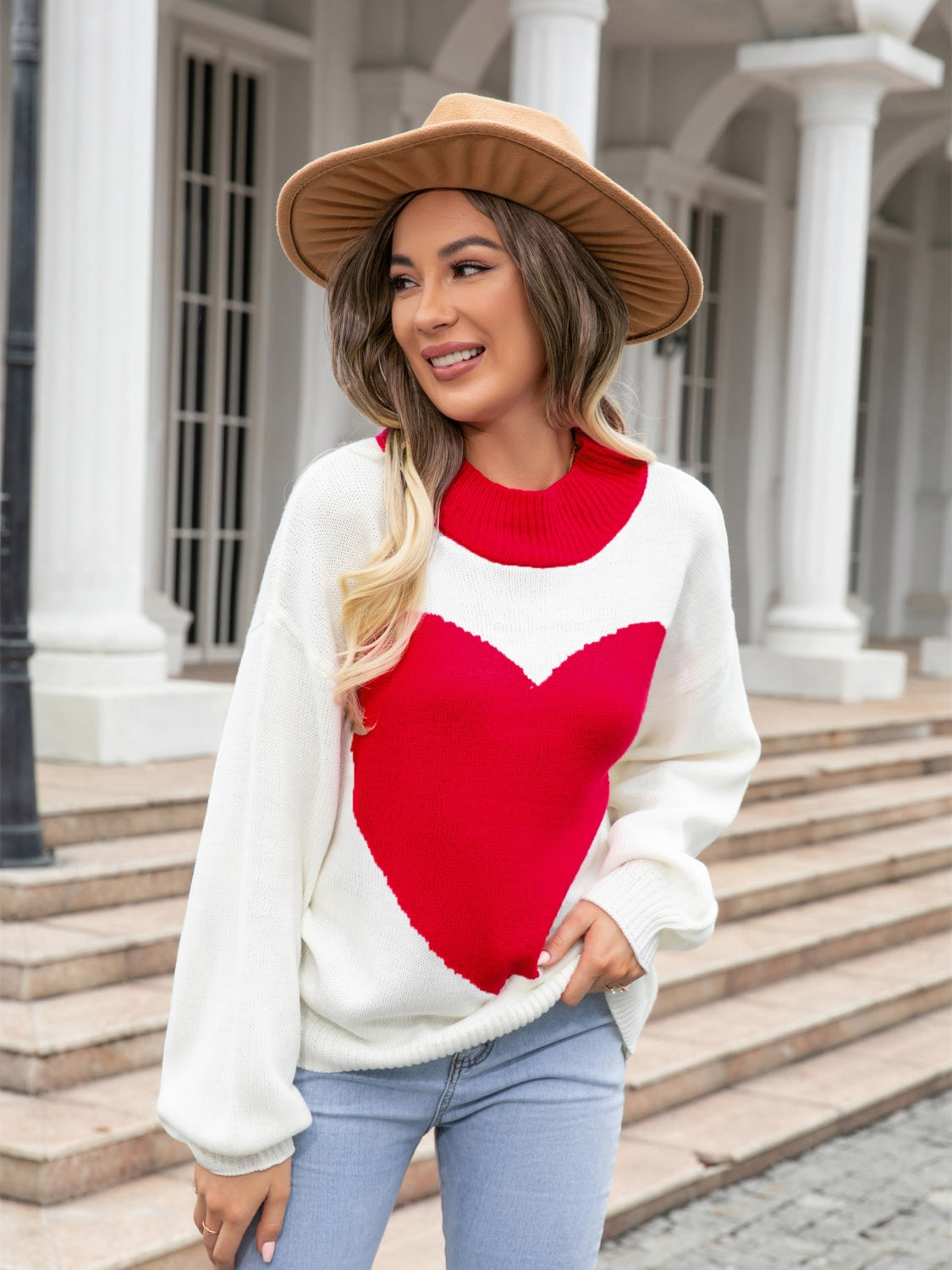 Angel Wings Heart Graphic Round Neck Sweater - Fashorio