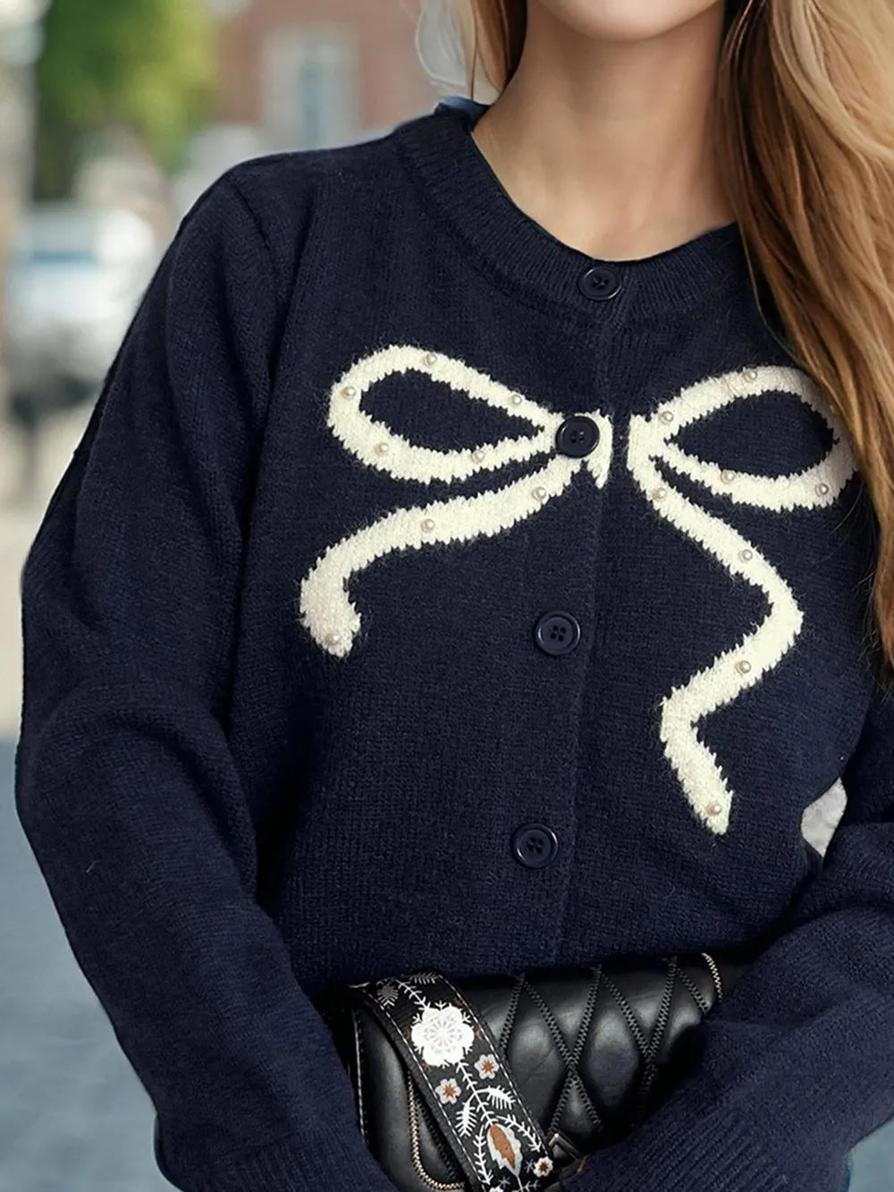 Bow Button Down Round Neck Cardigan - Fashorio