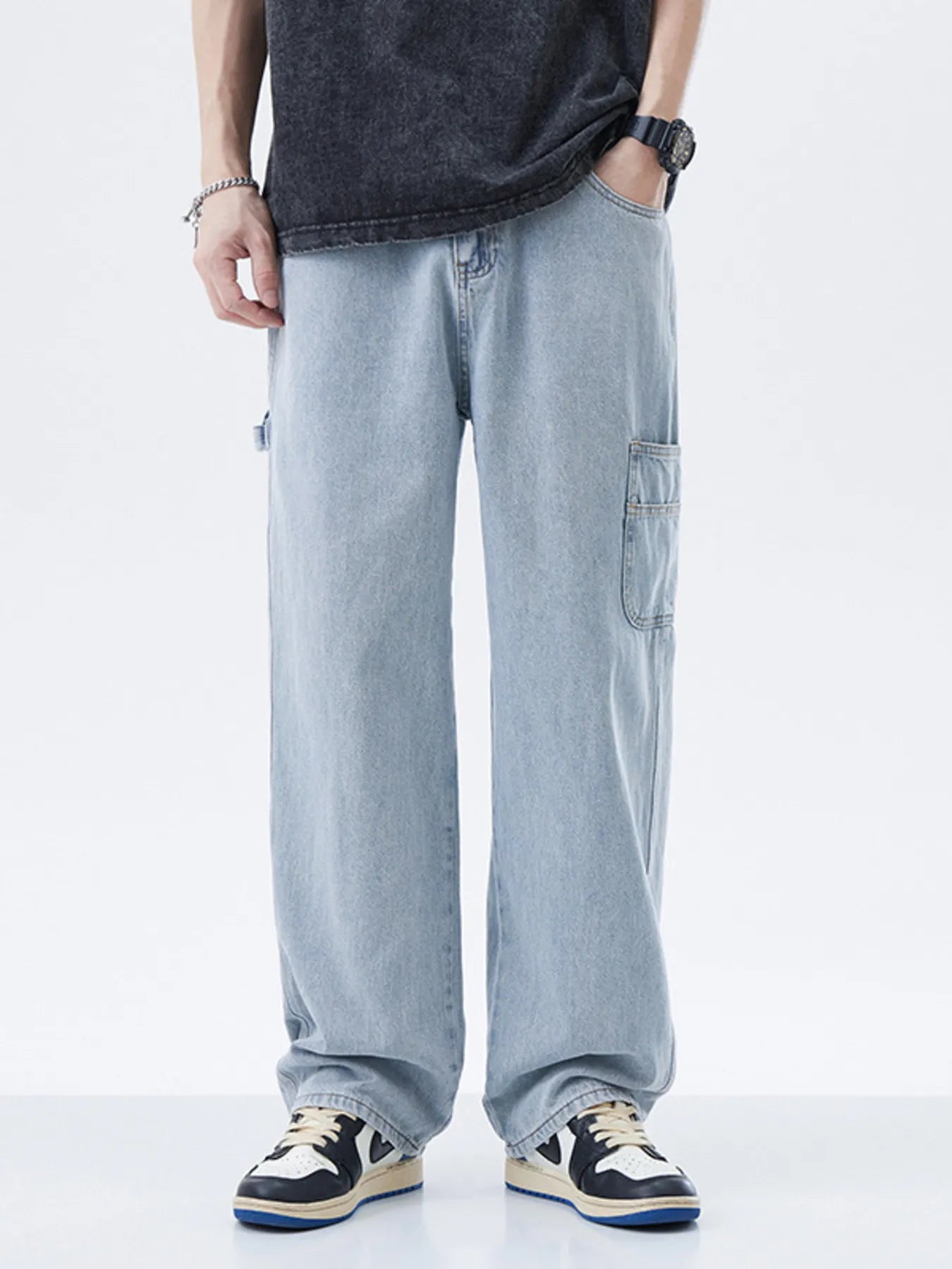 Men's Full Size Washed Wide Leg Jeans Plus Size Light Blue - Fashorio