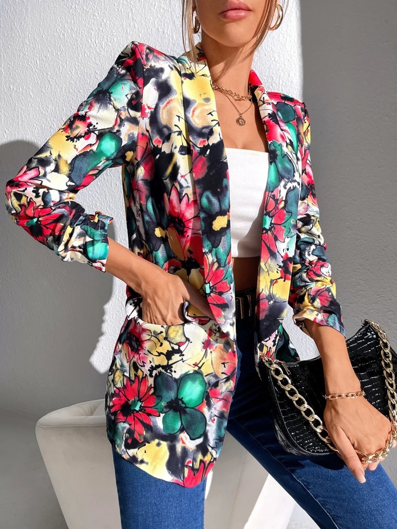 Vibrant Floral Print Open Front Blazer - Fashorio