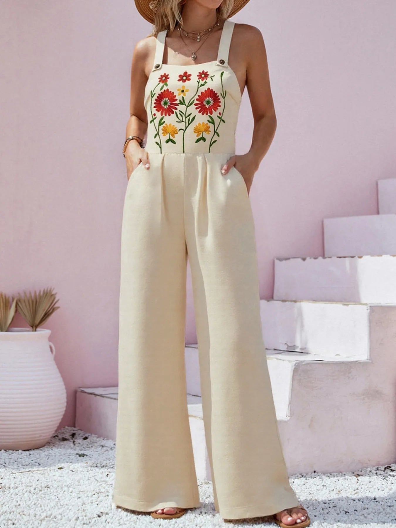 Floral Embroidered Wide Leg Jumpsuit - Fashorio