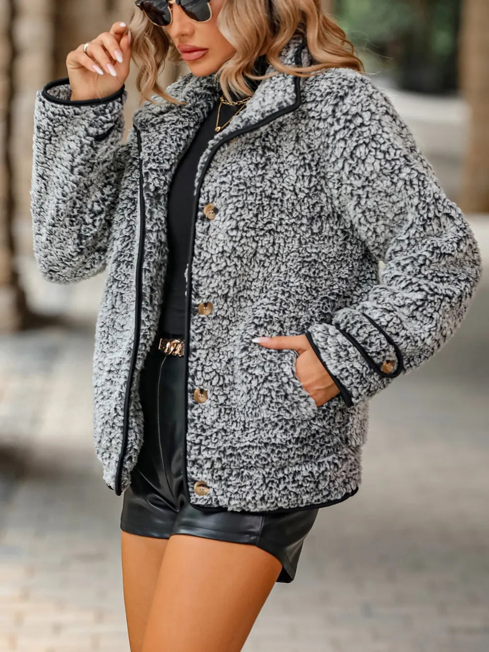 Fuzzy Pocketed Button Up Jacket Black - Fashorio