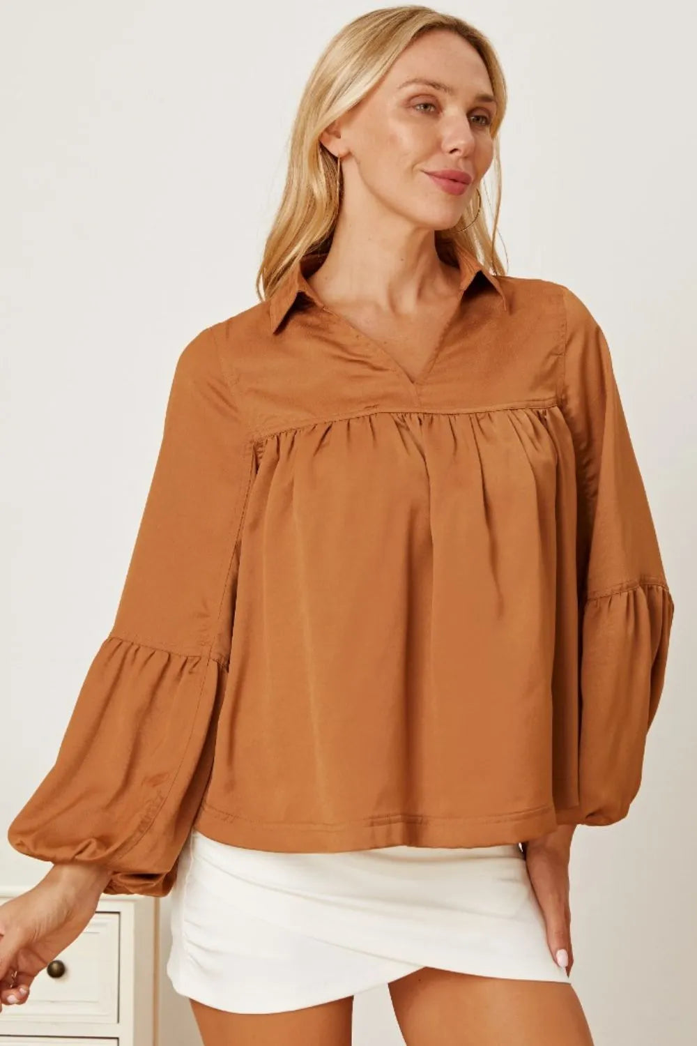Balloon Sleeve Collared Neck Blouse - Fashorio