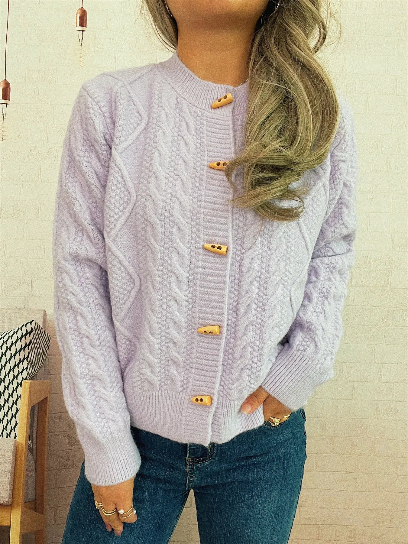 Cable Knit Button-Up Cardigan Purple One Size - Fashorio