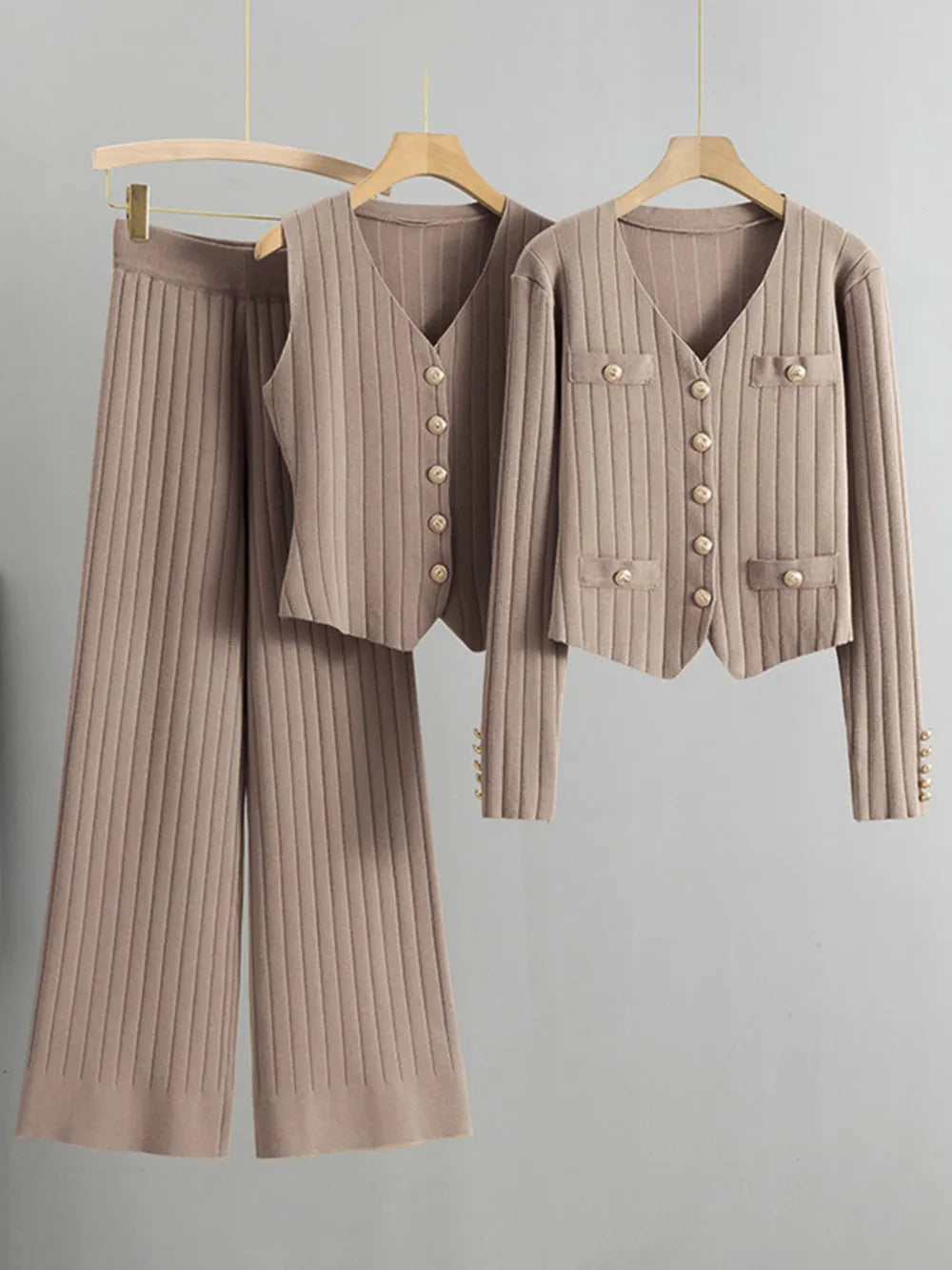 V-Neck Tank, Cardigan and Pants Three-Piece Sweater Set - Fashorio