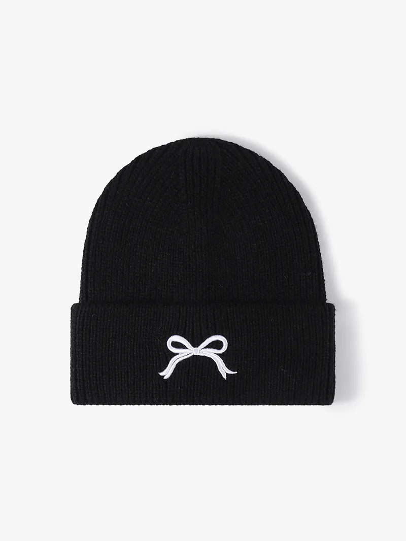 Embroidered Bow Knit Hat Black One Size - Fashorio