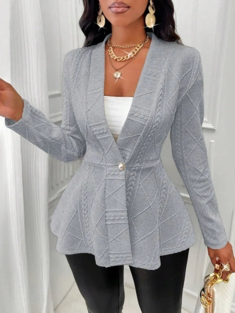 One Button Textured Peplum Cardigan Gray - Fashorio