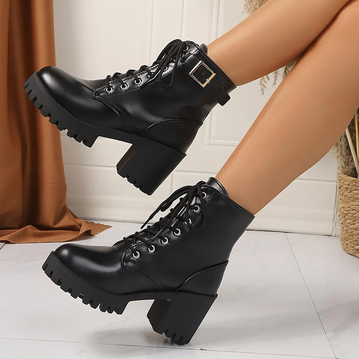 Combat Lace Up Boots with Buckle Straps Black - Fashorio