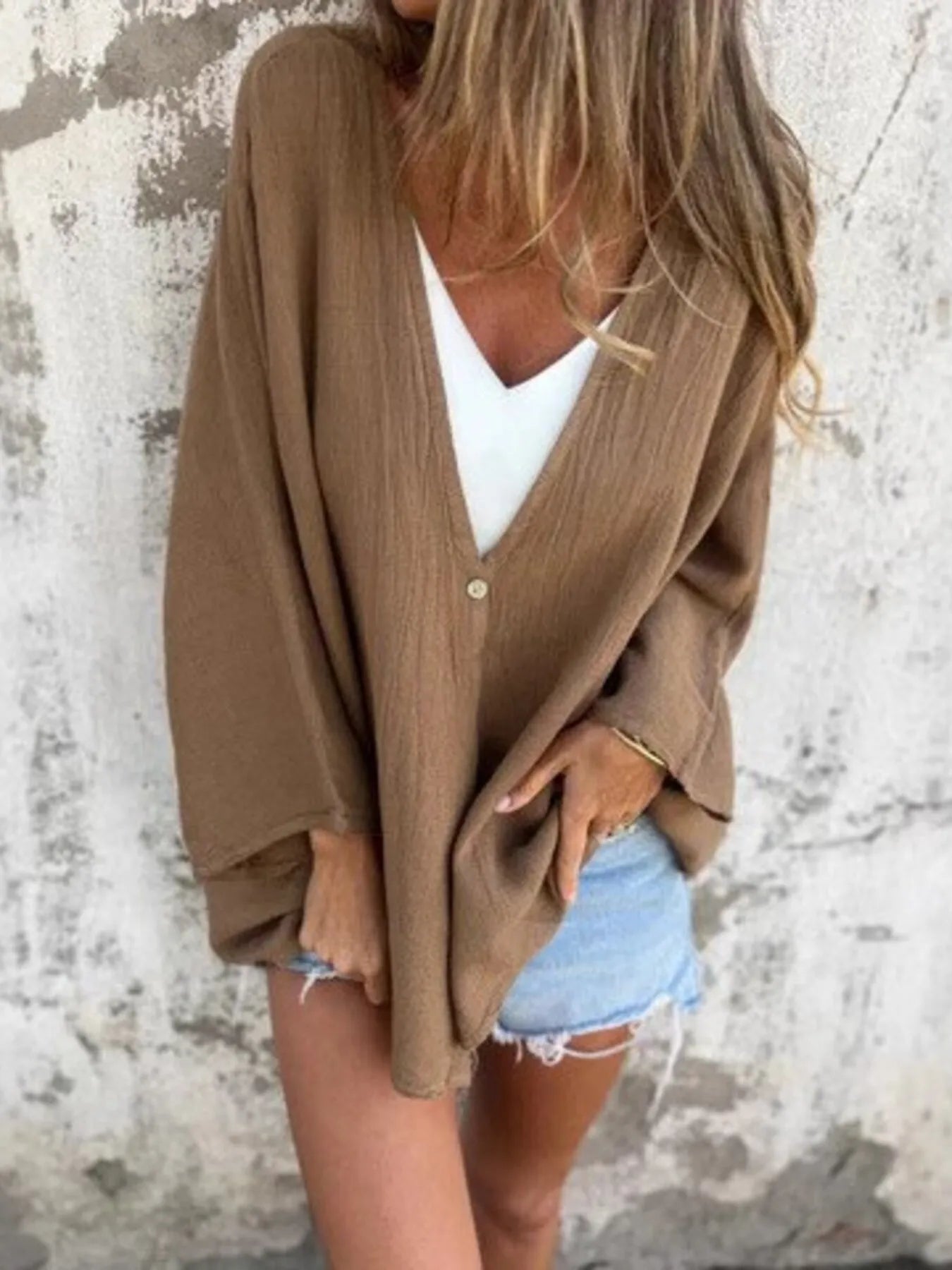 Full Size Oversized Button-Up Cardigan Plus Size Brown - Fashorio