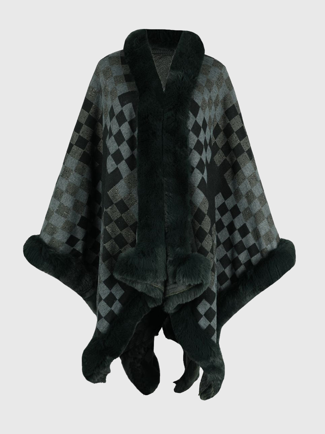 Checkered Faux Fur Trim Poncho Sage One Size - Fashorio