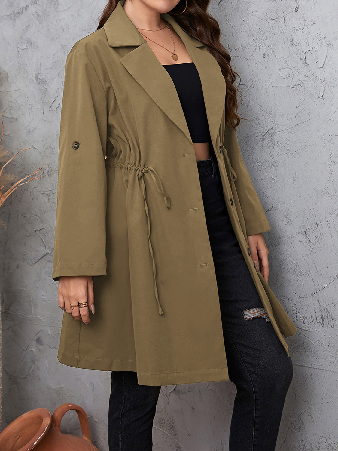 Honey Plus Size Lapel Collar Drawstring Roll-Tab Sleeve Trench Coat - Fashorio