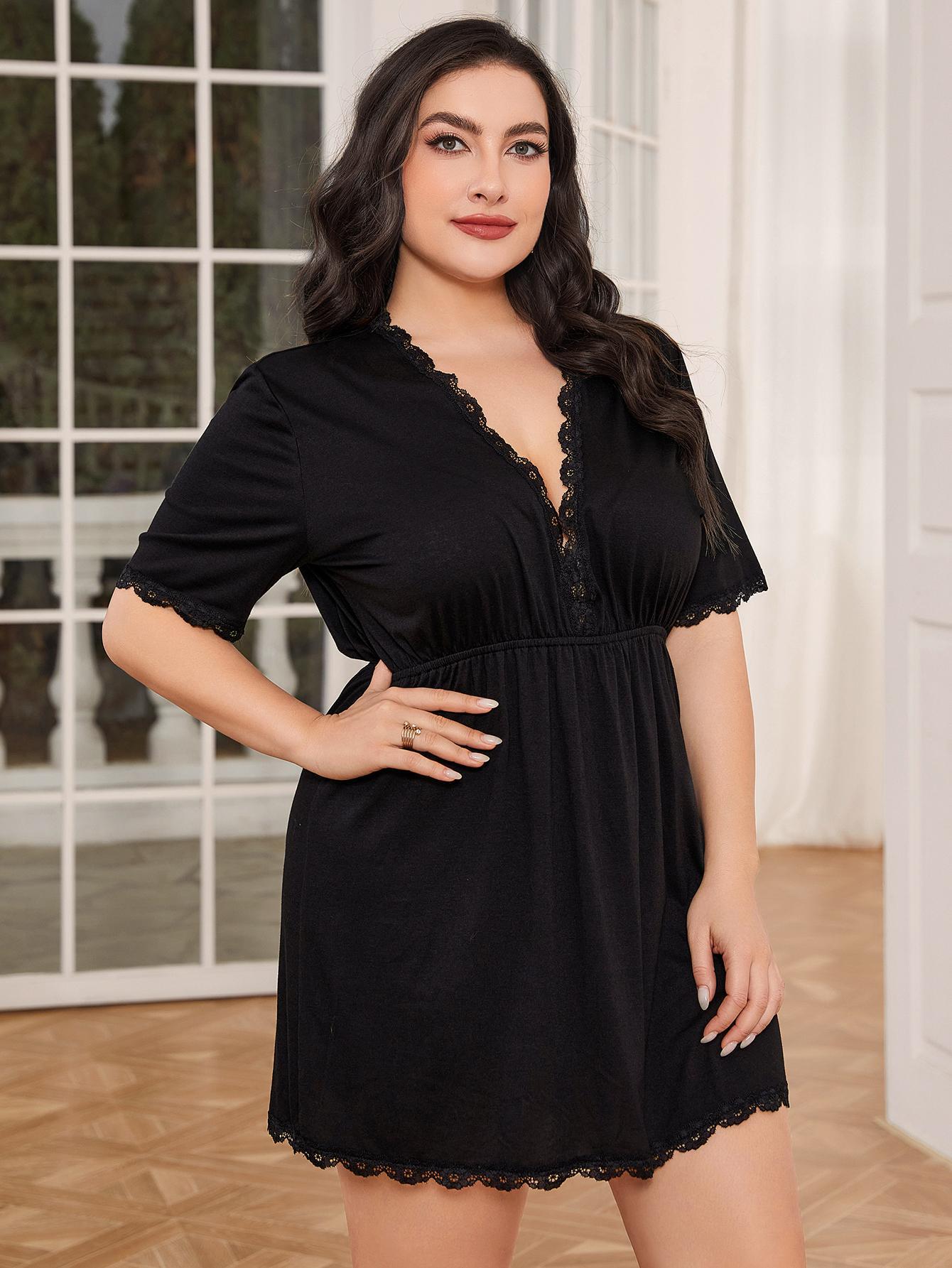 Plus Size Lace Trim Deep V Night Dress Black - Fashorio
