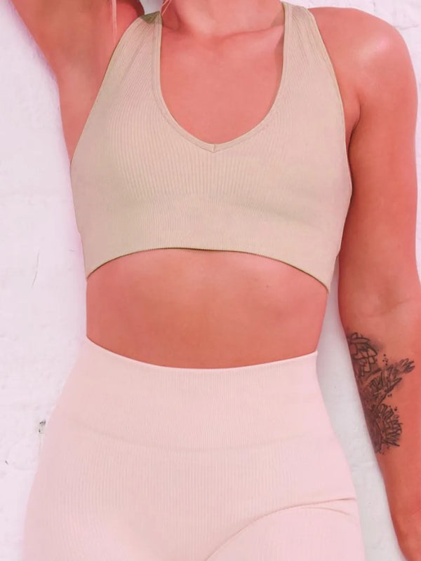 Scoop Neck Wide Strap Active Bra Tan - Fashorio