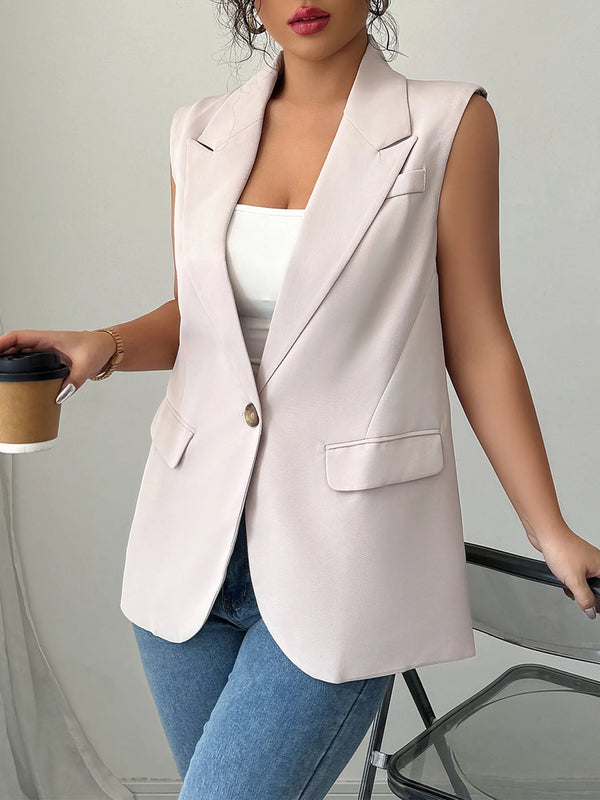 One Button V-Neck Blazer Vest Coat Apricot - Fashorio