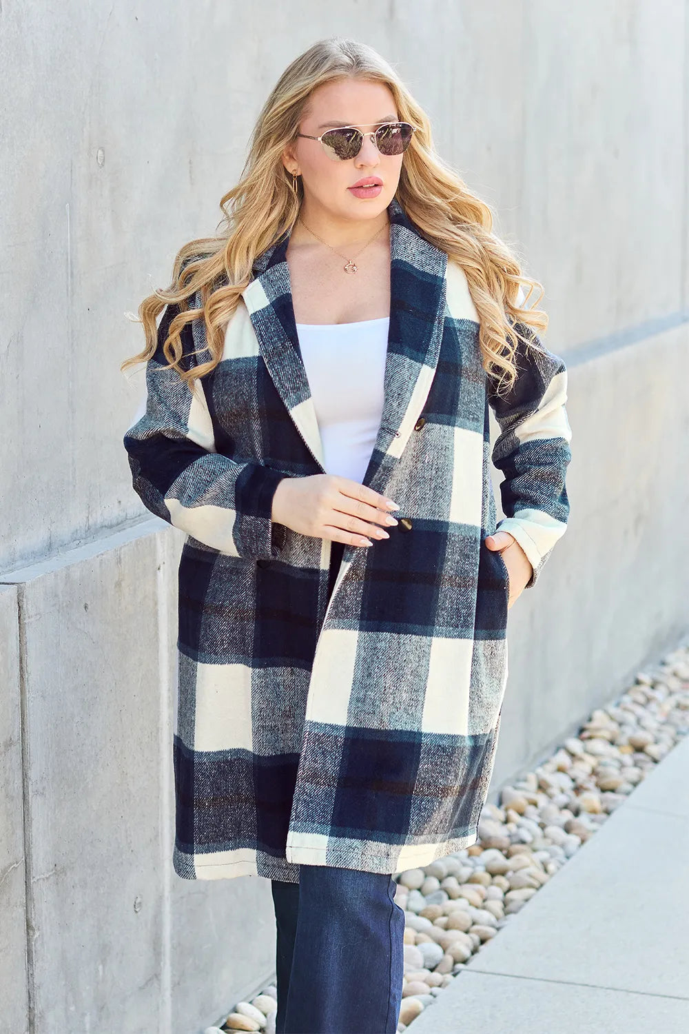 Double Take Full Size Plaid Button Up Lapel Collar Coat - Fashorio