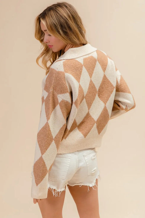 BiBi Diamond Pattern Collared Notch Neck Sweater - Fashorio