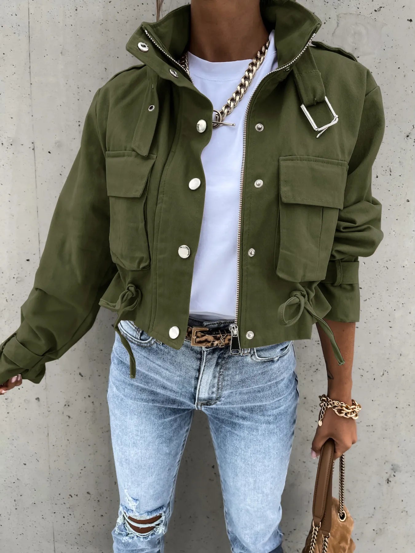 Women’s Snap Down Long Sleeve Jacket with Pockets - Fashorio