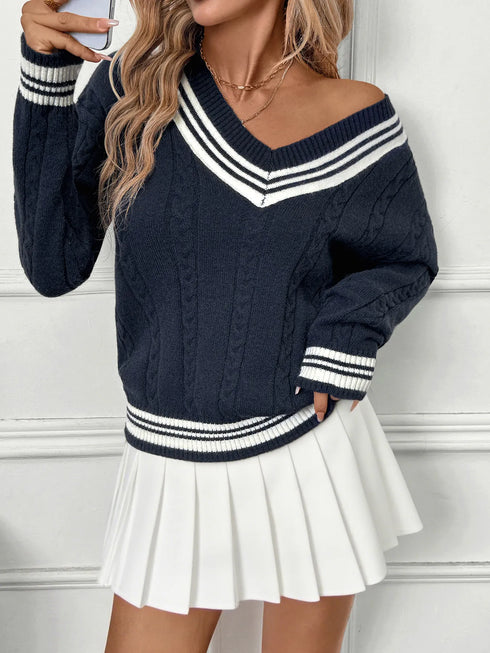 Contrast Striped V-Neck Sweater Dark Blue - Fashorio