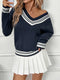 Contrast Striped V-Neck Sweater Dark Blue - Fashorio