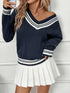 Contrast Striped V-Neck Sweater Dark Blue - Fashorio
