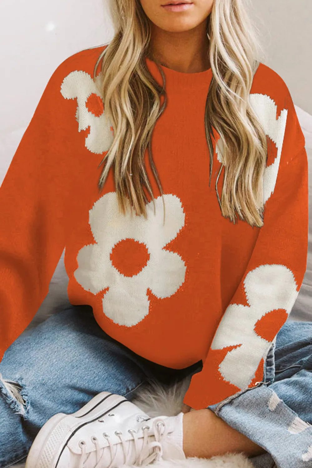 Round Neck Floral Pattern Color Contrast Design Long Sleeve Sweater - Fashorio