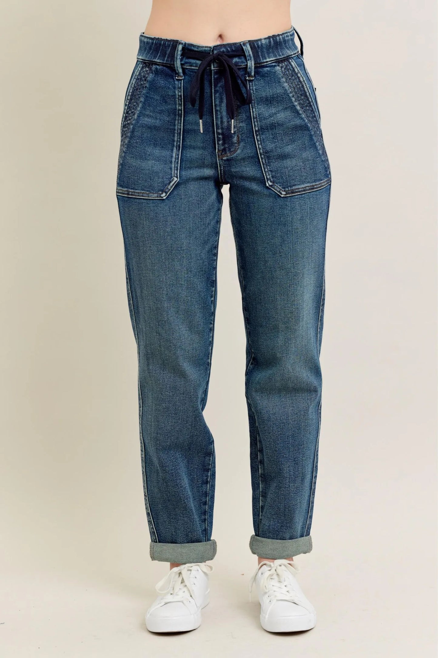 Judy Blue Full Size HW Vintage Wash Jeans w/ Drawstring Plus Size - Fashorio