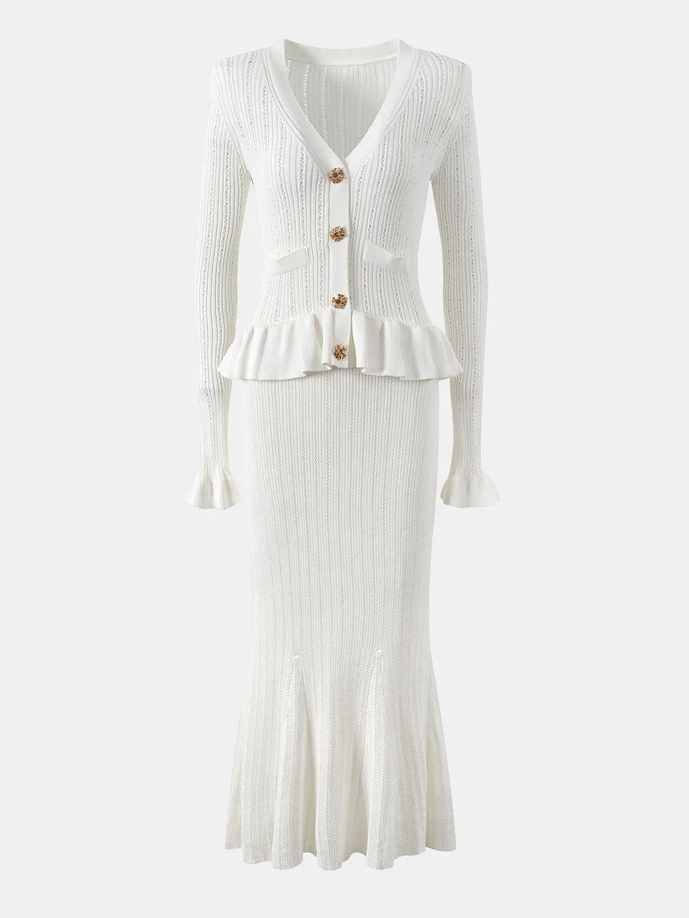 Ruffled V-Neck Top and Midi Skirt Sweater Set - Fashorio