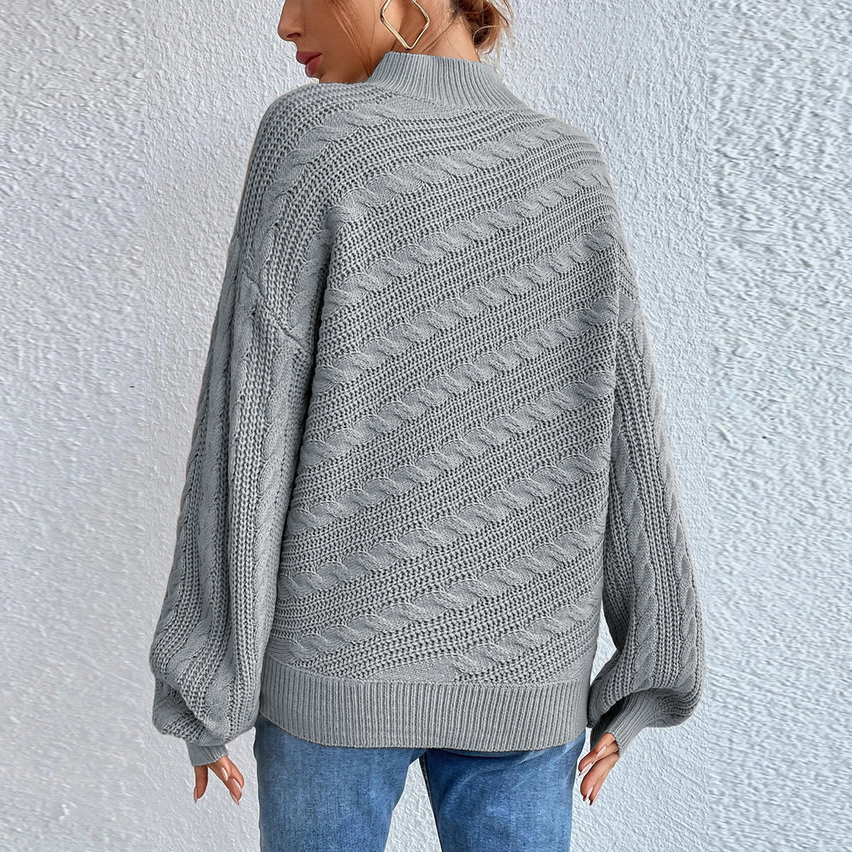 Cable-Knit Mock Neck Long Sleeve Sweater - Fashorio