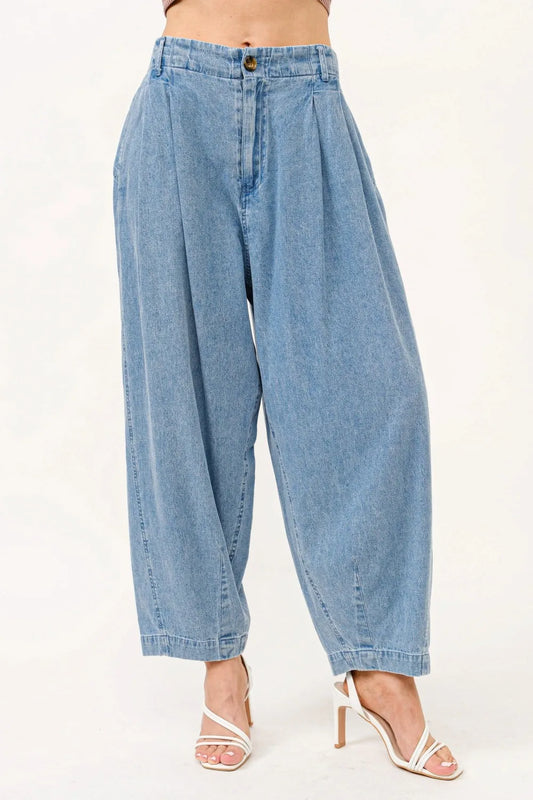 And The Why Elastic Back Pleated Baggy Jeans Denim - Fashorio