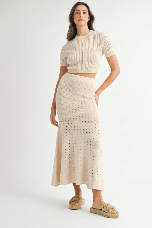 MABLE Pointelle Short Sleeve Crop Top and Slit Skirt Sweater Set Cream - Fashorio