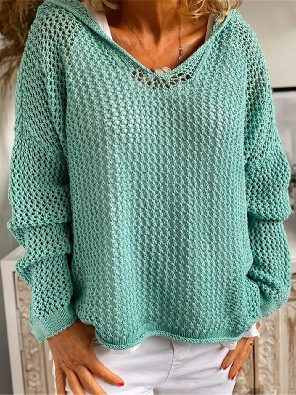 Openwork Hooded Long Sleeve Sweater - Fashorio