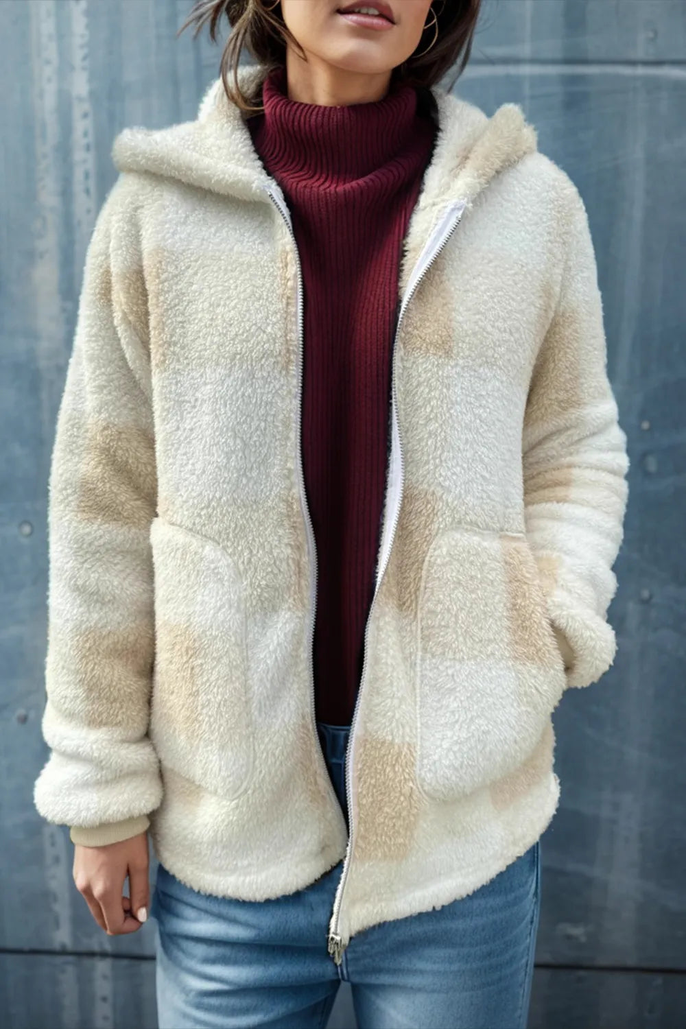 Double Take Full Size Plaid Long Sleeve Hooded Coat Khaki - Fashorio