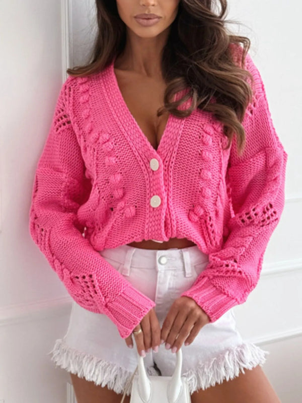 Button Up V-Neck Cardigan Hot Pink - Fashorio
