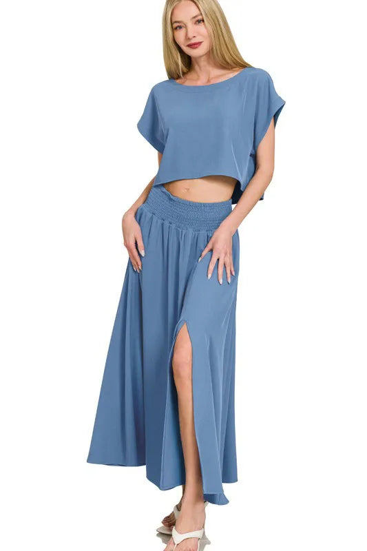 Zenana Heavy Woven Span Crop Tee & Skirt Set - Fashorio