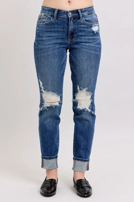 Judy Blue Full Size Mid Rise Boyfriend destroy Jeans with Yoke Pockets and Faux Selvedge Cuff Plus Size - Fashorio