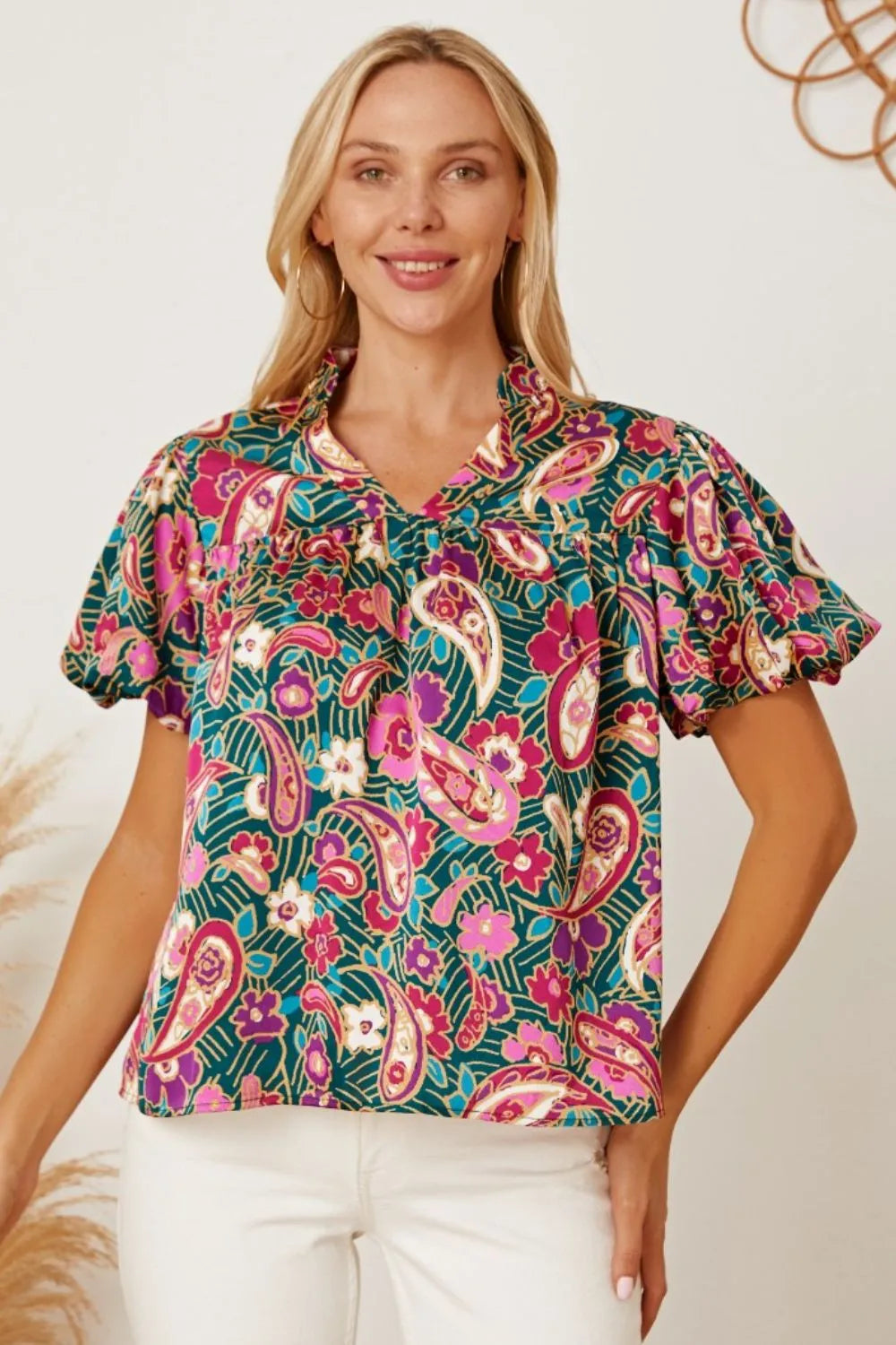 Floral Collared Neck Short Sleeve Blouse Multicolor - Fashorio