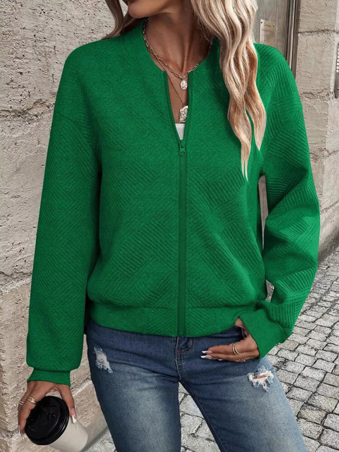Textured Zip-Up Long Sleeve Jacket for Casual Layering - Fashorio
