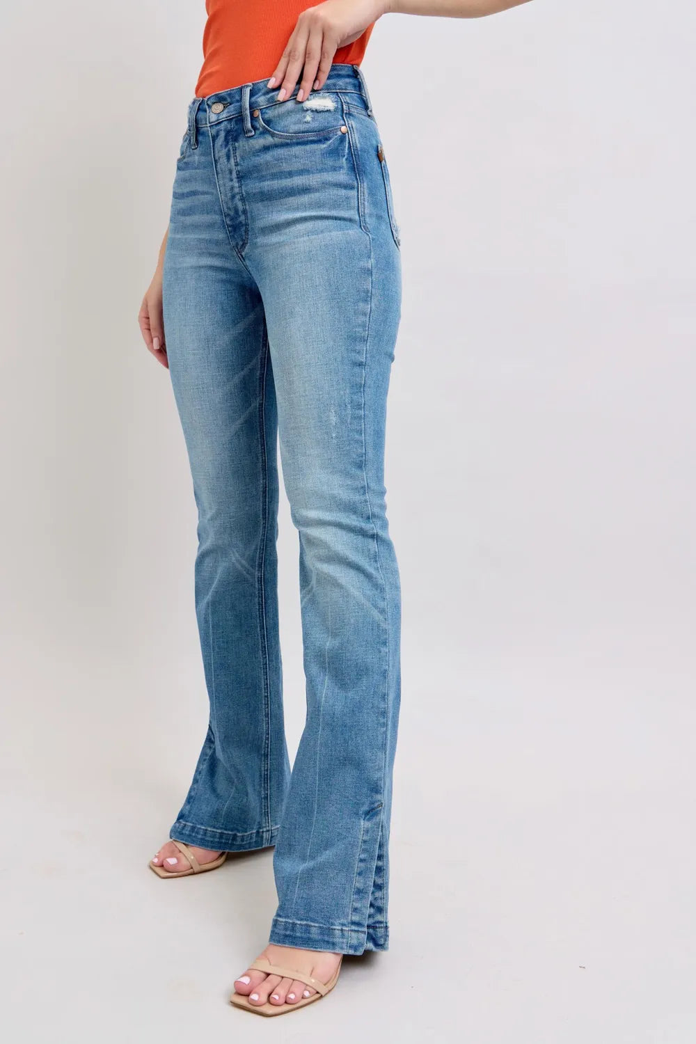 Judy Blue HW Tummy Control Vintage Wash Side Slit Slim Boot Jeans - Fashorio