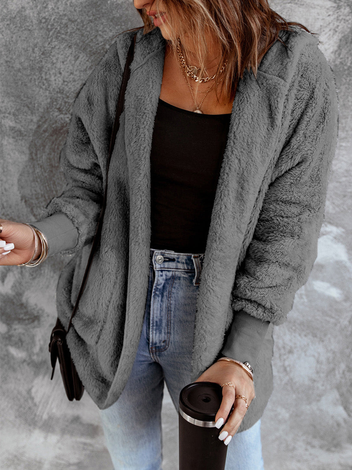Open Front Hooded Faux Fur Outwear with Pockets - Fashorio