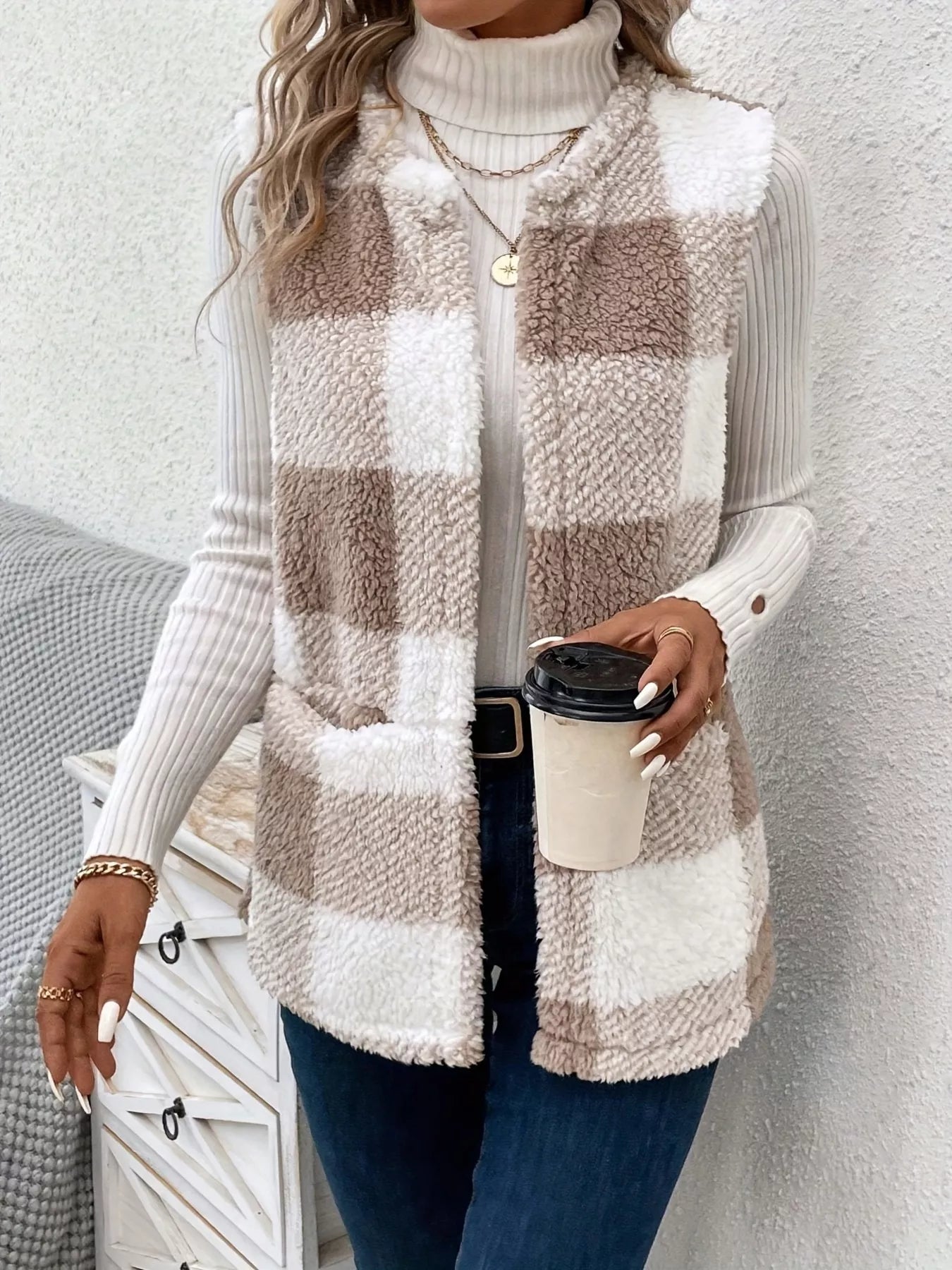 Plaid Sherpa Vest Coat with Pockets Khaki - Fashorio