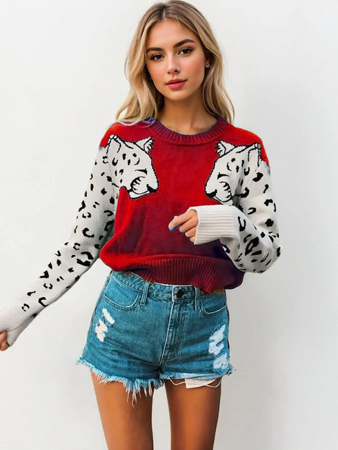 Leopard Round Neck Sweater - Fashorio