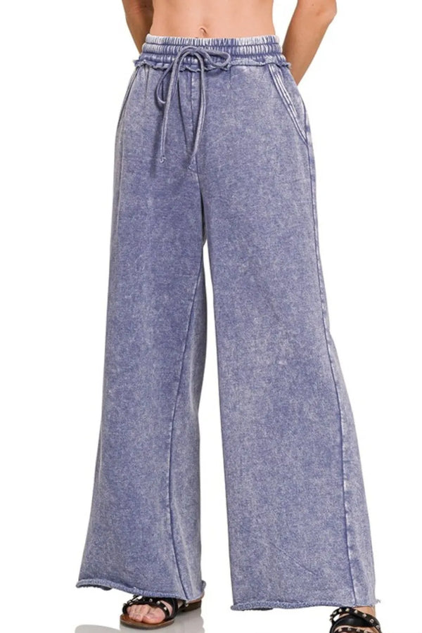 Zenana Acid Wash Fleece Palazzo Sweatpants with Pockets MARLIN - Fashorio