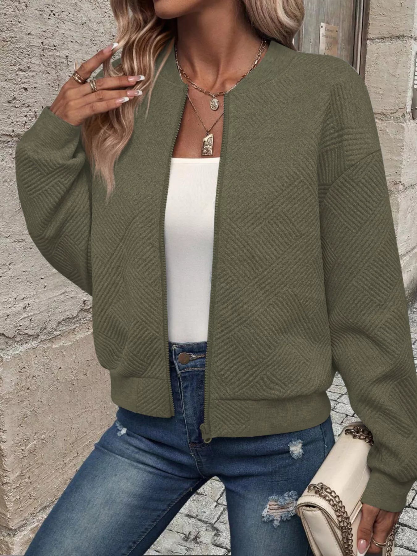 Textured Zip-Up Long Sleeve Jacket for Casual Layering Army green - Fashorio