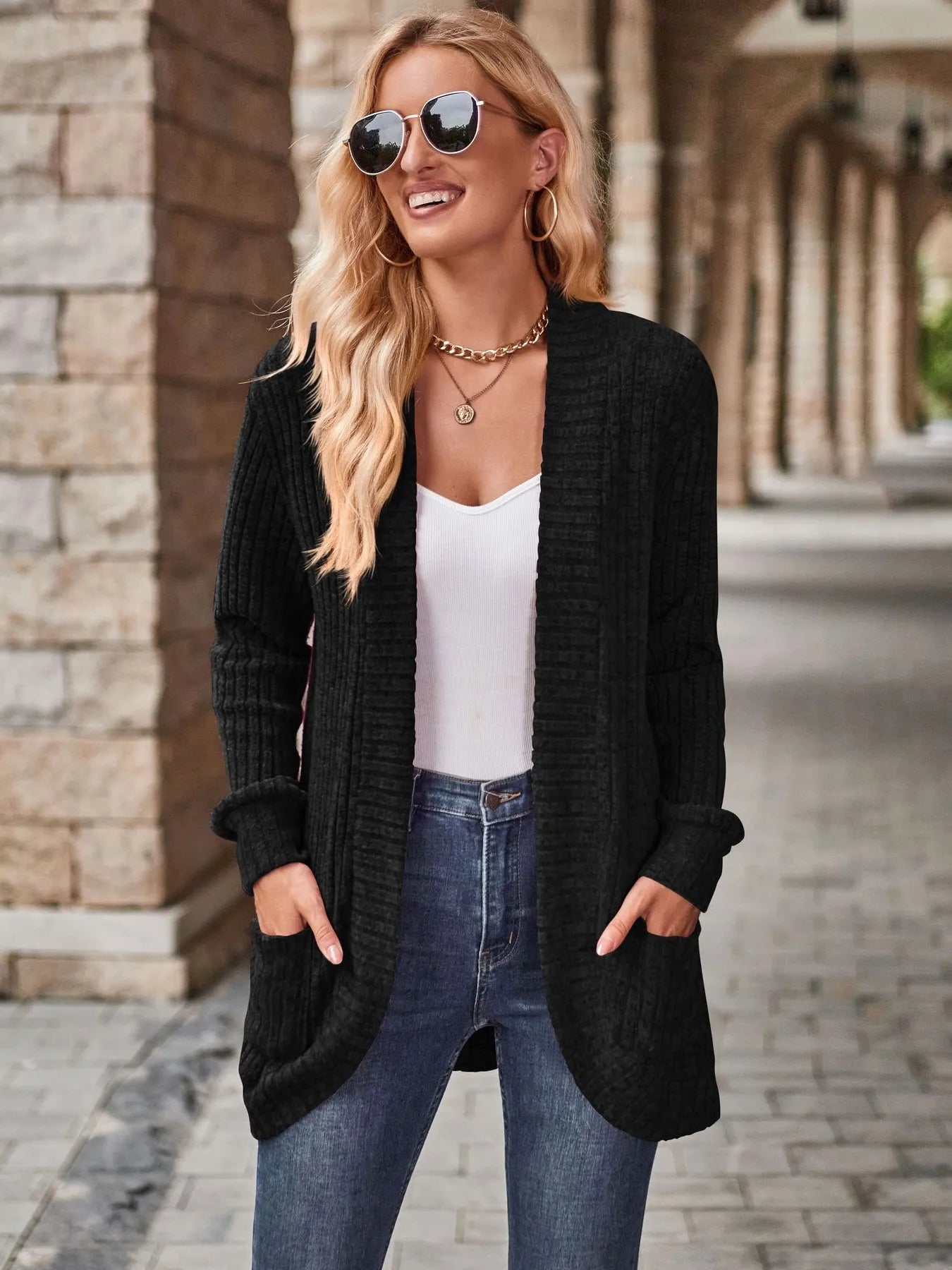 Ribbed Open Front Long Cardigan with Pockets Black - Fashorio
