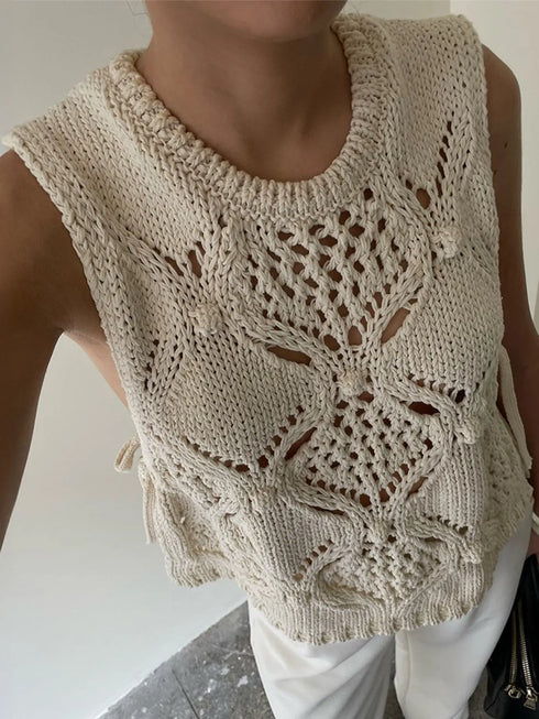 Crochet Hollow Out Sweater Vest Apricot - Fashorio