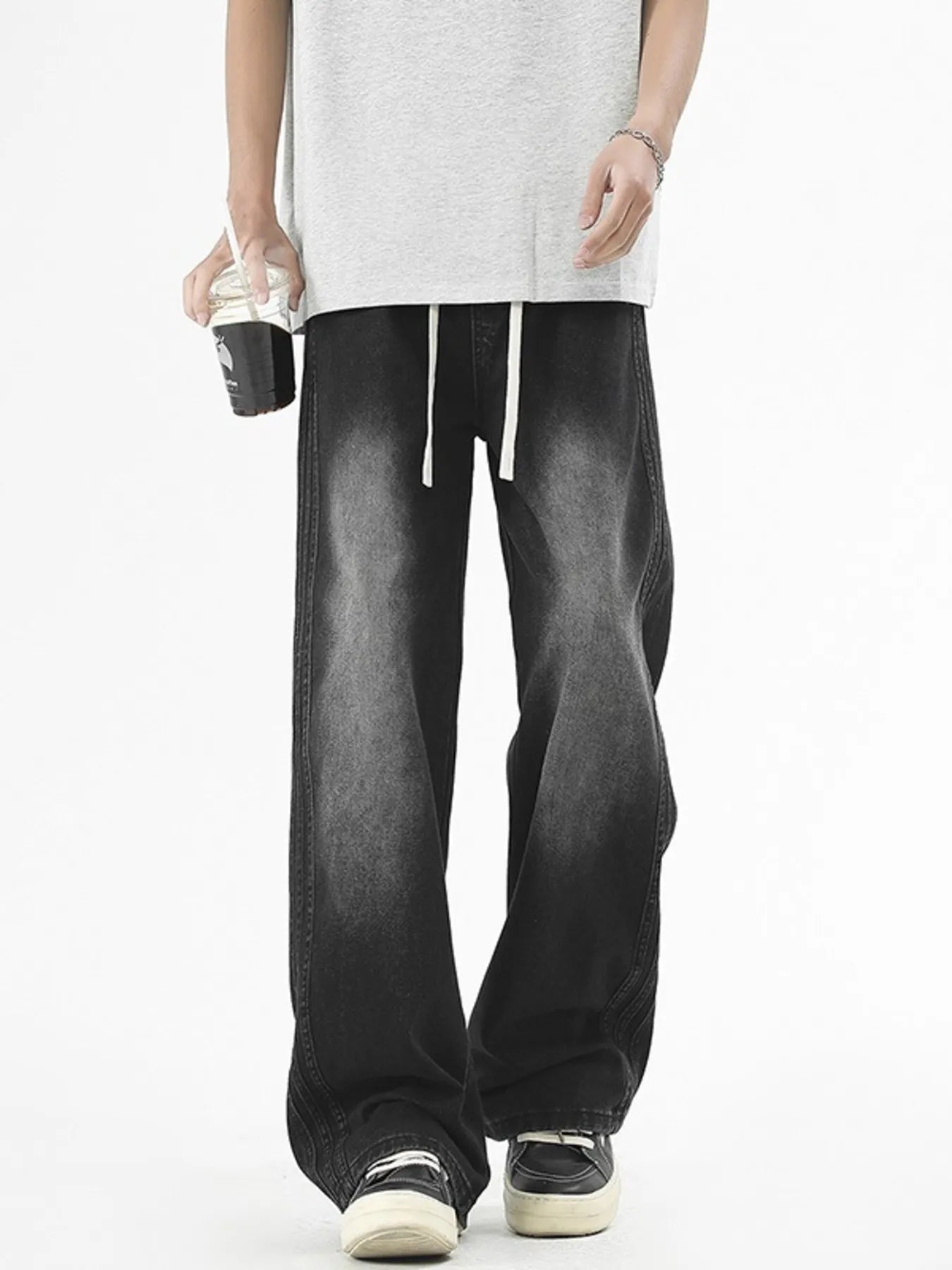 Men's Plus Size Drawstring Washed Wide Leg Jeans - Fashorio
